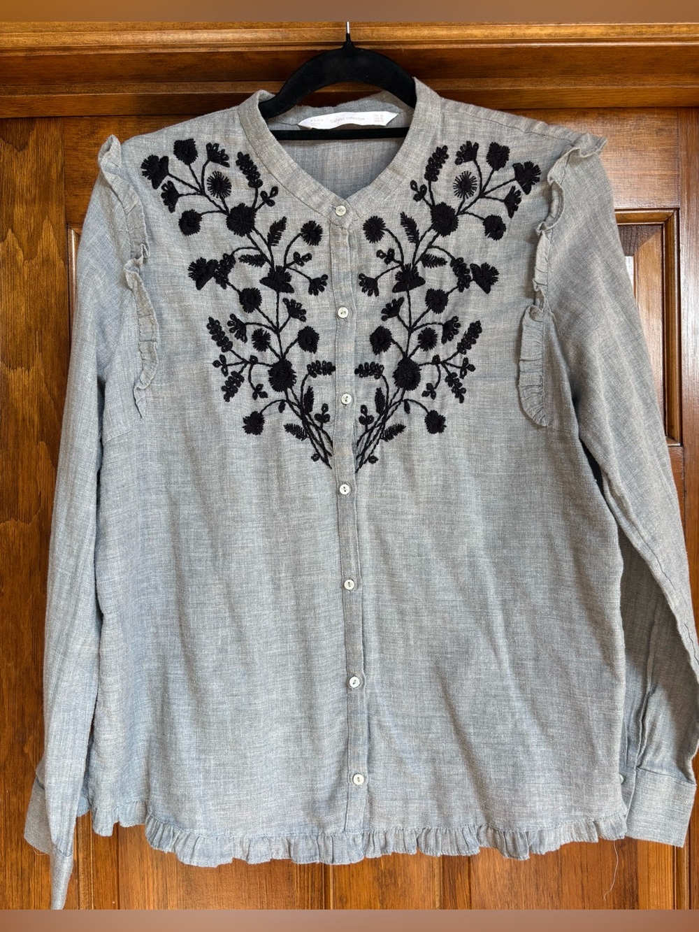 Zara Trafaluc Gray Embroidered Ruffle Boho Women’s Blouse - XL